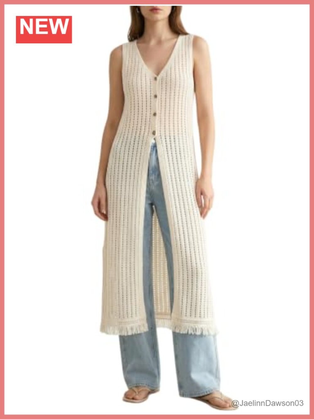 Crochet Fringe Long Cardigan Button V Neck Tassel Hem Boho Resort Wear Sweater